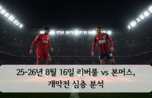 2025-26 프리미어리그 개막전 리버풀과 본머스 선수들이 경기장 중앙에서 맞서고 있는 장면, 야간 조명 아래의 안필드 경기장 전경
