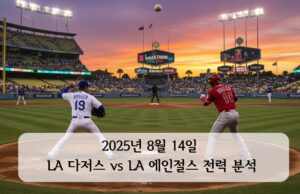 2025년 8월 14일 LA 다저스와 LA 에인절스 경기 전, 다저스타디움에서 해질녘 투수와 타자가 맞서는 장면