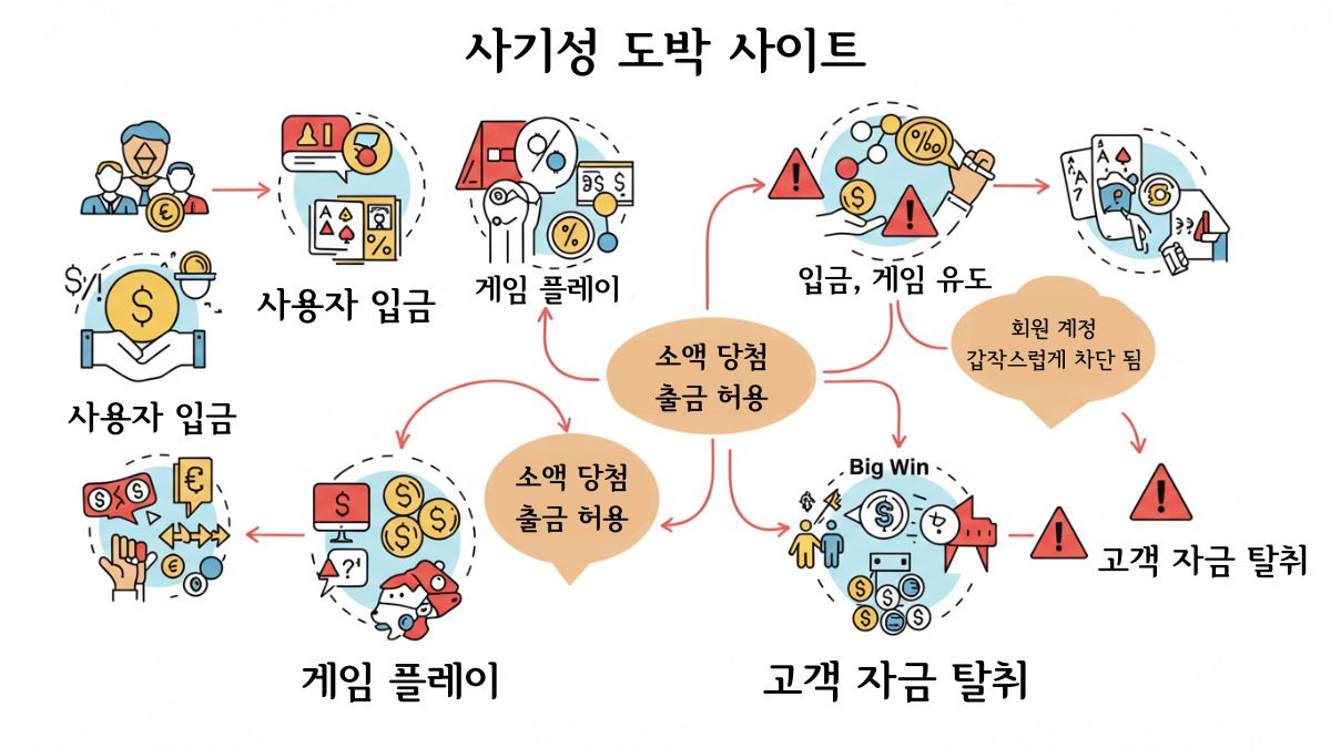사기성 도박 사이트의 작동 방식 인포그래픽. 사용자 입금 후 게임 플레이를 유도하고, 소액 당첨 시 출금을 허용하지만, 고액 당첨 시 계정을 차단하고 고객 자금을 탈취하는 과정 설명