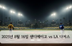 다저스타디움 전경, 중앙 마운드와 LA 스카이라인, 좌측 샌디에이고 유니폼·우측 다저스 유니폼 선수 실루엣, '2025년 8월 16일 샌디에이고 vs LA 다저스