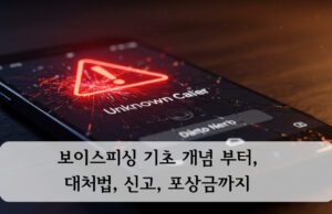 보이스피싱의 위험을 경고하는 이미지. 어두운 배경에 놓인 스마트폰 액정 위로 붉은색 경고 아이콘과 함께 '보이스피싱 기초 개념 부터, 대처법, 신고, 포상금까지'라는 문구가 쓰여 있다.